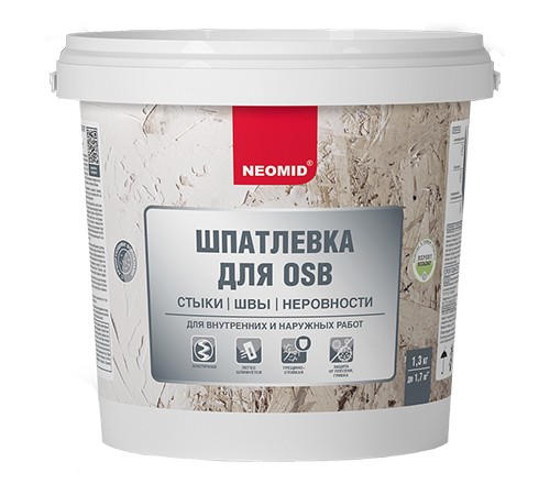 NEOMID шпатлевка для OSB плит, для внутренних и наружных работ (1,3кг) NEOMID шпатлевка для OSB плит, для внутренних и наружных работ (1,3кг)