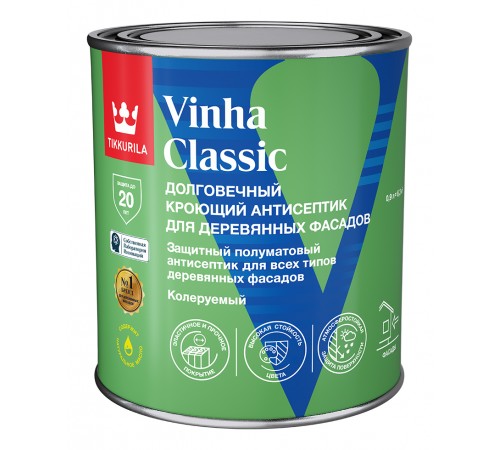 TIKKURILA VINHA CLASSIC / ТИККУРИЛА ВИНХА КЛАССИК антисептик кроющий водоразбавляемый полуматовый база VVА 0,9л