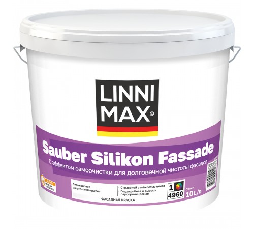 LINNIMAX SAUBER SILIKON FASSADE / ЛИННИМАКС САУБЕР СИЛИКОН ФАССАДЕ краска фасадная акриловая силиконовая матовая, база 3, 9,4л LINNIMAX SAUBER SILIKON FASSADE / ЛИННИМАКС САУБЕР СИЛИКОН ФАССАДЕ краска фасадная акриловая силиконовая матовая, база 3, 9,4л