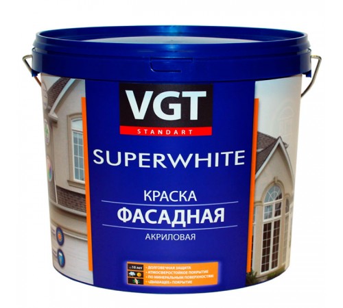 VGT SUPERWHITE / ВГТ СУПЕРВАЙТ ВД-АК-1180 краска фасадная, акриловая, под колеровку, матовая, база А (13кг) VGT SUPERWHITE / ВГТ СУПЕРВАЙТ ВД-АК-1180 краска фасадная, акриловая, под колеровку, матовая, база А (13кг)
