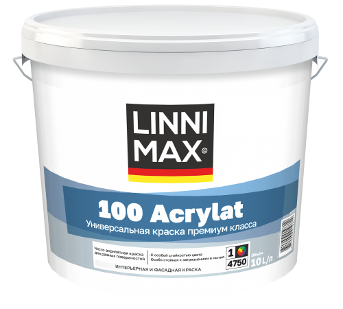 LINNIMAX 100 ACRYLAT / ЛИННИМАКС 100 АКРИЛАТ краска водно-дисперсионная для наружных и внутренних работ база 1 (0,9л) LINNIMAX 100 ACRYLAT / ЛИННИМАКС 100 АКРИЛАТ краска водно-дисперсионная для наружных и внутренних работ база 1 (0,9л)