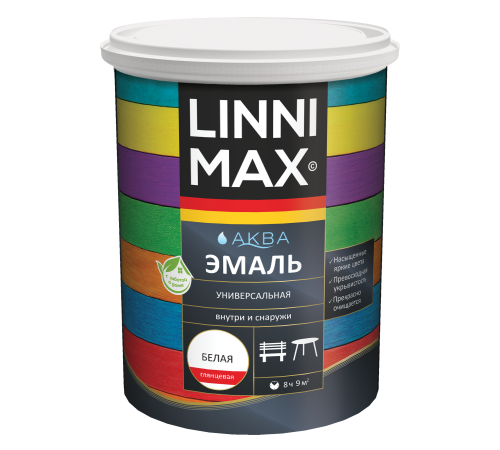 LINNIMAX / ЛИННИМАКС АКВА эмаль акриловая универсальная атмосферостойкая для наружных и внутренних работ глянцевая база 1 (0,9л)