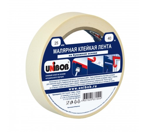 UNIBOB / УНИБОБ лента малярная клейкая, белый (25мм х 40м)