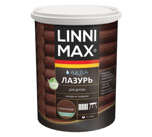 LINNIMAX / ЛИННИМАКС АКВА лазурь для дерева акриловая лессирующая шелковисто-матовая, палисандр, 0,9л LINNIMAX / ЛИННИМАКС АКВА лазурь для дерева акриловая лессирующая шелковисто-матовая, палисандр, 0,9л