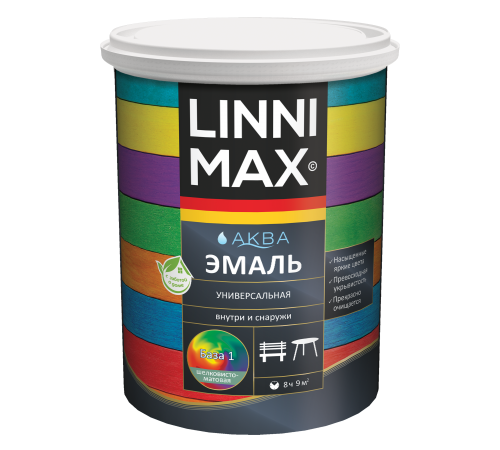 LINNIMAX / ЛИННИМАКС АКВА эмаль акриловая универсальная атмосферостойкая для наружных и внутренних работ шелковисто-матовая база 1 (2,5л)