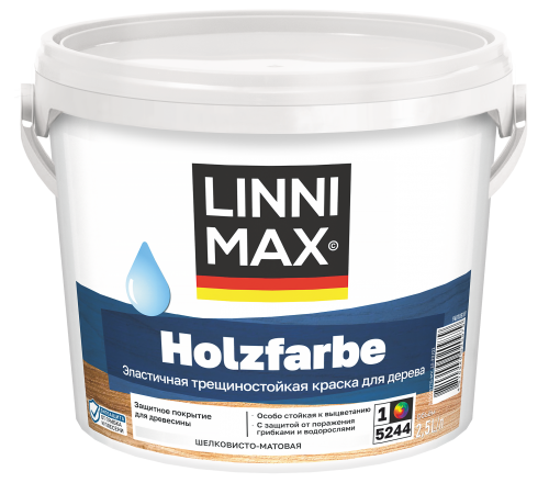 LINNIMAX HOLZFARBE / ЛИННИМАКС ХОЛЬЦФАРБЕ краска по дереву водно-дисперсионная для наружных и внутренних работ шелковисто-матовая база 1 (2,5л) LINNIMAX HOLZFARBE / ЛИННИМАКС ХОЛЬЦФАРБЕ краска по дереву водно-дисперсионная для наружных и внутренних работ шелковисто-матовая база 1 (2,5л)