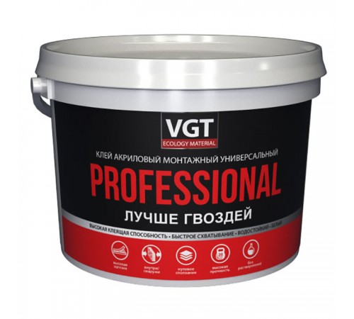 VGT PROFESSIONAL / ВГТ ПРОФЕССИОНАЛ клей монтажный, акриловый, универсальный, белый (0,8кг) VGT PROFESSIONAL / ВГТ ПРОФЕССИОНАЛ клей монтажный, акриловый, универсальный, белый (0,8кг)