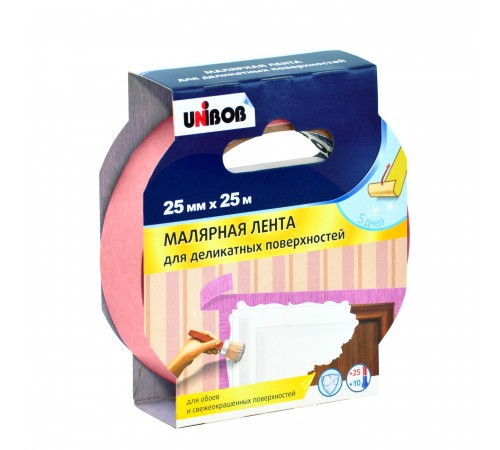UNIBOB / УНИБОБ лента малярная профессиональная, для деликатных поверхностей, washi-tape, розовый (25мм х 25м)