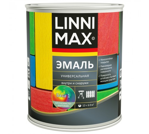 LINNIMAX / ЛИННИМАКС эмаль алкидная универсальная для наружных и внутренних работ шелковисто-матовая база 1 (0,75л)
