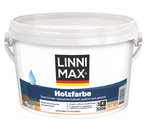 LINNIMAX HOLZFARBE / ЛИННИМАКС ХОЛЬЦФАРБЕ краска по дереву водно-дисперсионная для наружных и внутренних работ шелковисто-матовая база 3 1,18 л LINNIMAX HOLZFARBE / ЛИННИМАКС ХОЛЬЦФАРБЕ краска по дереву водно-дисперсионная для наружных и внутренних работ шелковисто-матовая база 3 1,18 л