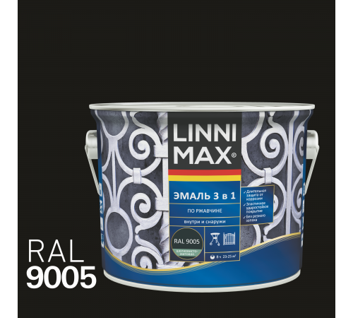 LINNIMAX / ЛИННИМАКС эмаль алкидно-уретановая по ржавчине 3 в 1 для наружных и внутренних работ черный RAL 9005 (2,5л) LINNIMAX / ЛИННИМАКС эмаль алкидно-уретановая по ржавчине 3 в 1 для наружных и внутренних работ черный RAL 9005 (2,5л)