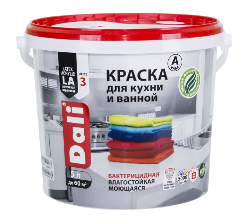 DALI / ДАЛИ краска для кухни и ванной акриловая моющаяся глубокоматовая база А 5 л DALI / ДАЛИ краска для кухни и ванной акриловая моющаяся глубокоматовая база А 5 л