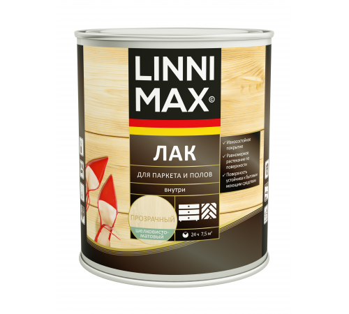 LINNIMAX / ЛИННИМАКС лак алкидно-уретановый для паркета и полов для внутренних работ шелковисто-матовый бесцветный (0,75л) LINNIMAX / ЛИННИМАКС лак алкидно-уретановый для паркета и полов для внутренних работ шелковисто-матовый бесцветный (0,75л)