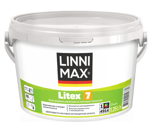 LINNIMAX LITEX 7 / ЛИННИМАКС ЛИТЕКС 7 краска для стен и фактурных обоев латексная водно-дисперсионная для внутренних работ шелковисто-матовая база 1 (1,25л) LINNIMAX LITEX 7 / ЛИННИМАКС ЛИТЕКС 7 краска для стен и фактурных обоев латексная водно-дисперсионная для внутренних работ шелковисто-матовая база 1 (1,25л)