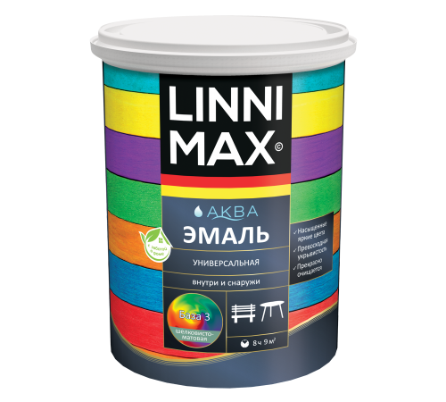 LINNIMAX / ЛИННИМАКС АКВА эмаль акриловая универсальная атмосферостойкая для наружных и внутренних работ шелковисто-матовая база 3 (0,85л)