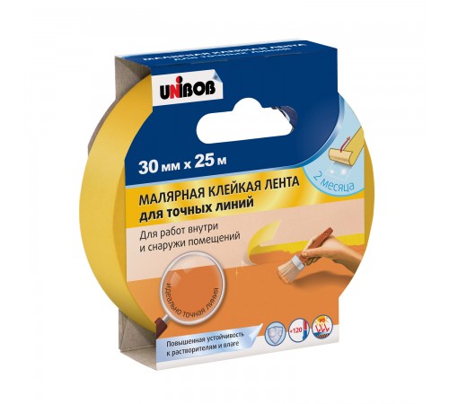 UNIBOB / УНИБОБ лента малярная профессиональная, для точных линий, washi-tape, желтый (30мм х 25м)