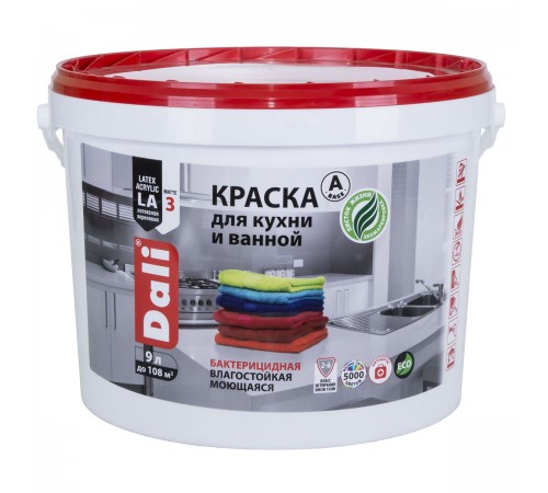 DALI / ДАЛИ краска для кухни и ванной акриловая моющаяся глубокоматовая база А 9 л DALI / ДАЛИ краска для кухни и ванной акриловая моющаяся глубокоматовая база А 9 л