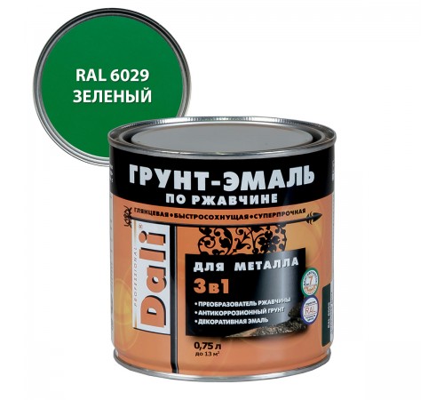 DALI / ДАЛИ грунт-эмаль по ржавчине 3 в 1 гладкая алкидная RAL 6029 зеленый 0,75 л