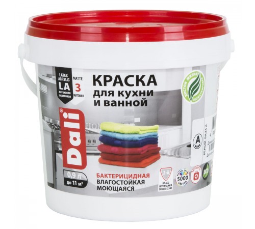 DALI / ДАЛИ краска для кухни и ванной акриловая моющаяся глубокоматовая база А 0,9 л DALI / ДАЛИ краска для кухни и ванной акриловая моющаяся глубокоматовая база А 0,9 л