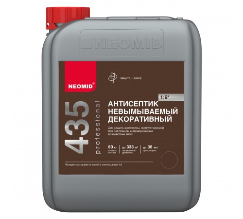 NEOMID 435 антисептик невымываемый декоративный, защита до 3(5л)ет, концентрат 1:9, орех (5л) NEOMID 435 антисептик невымываемый декоративный, защита до 3(5л)ет, концентрат 1:9, орех (5л)
