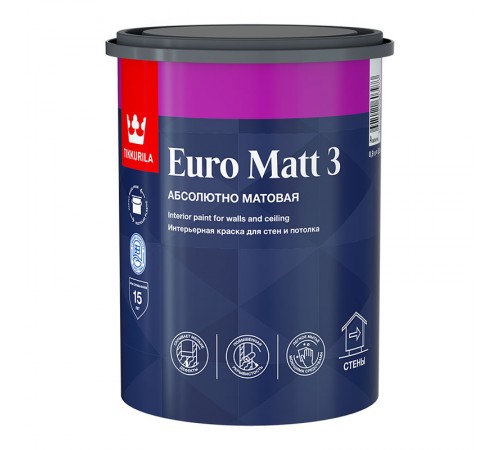 TIKKURILA EURO MATT 3 краска интерьерная для стен и потолка,база С (0,9л)