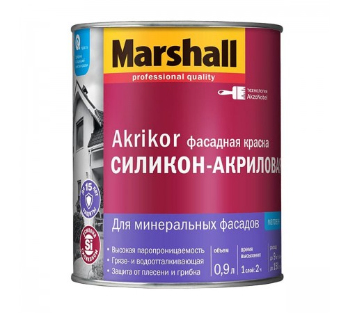 MARSHALL AKRIKOR / МАРШАЛЛ АКРИКОР краска фасадная, силикон-акриловая, матовая, база BС (0,9л)