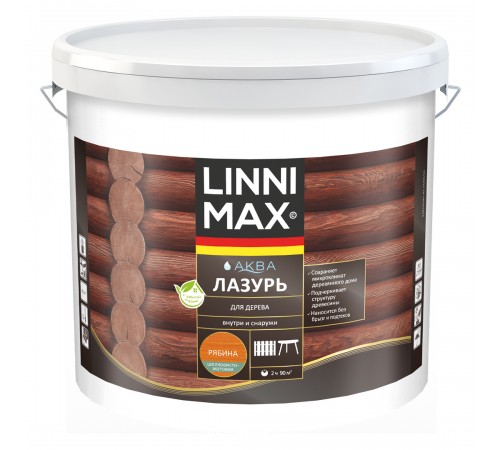 LINNIMAX / ЛИННИМАКС АКВА лазурь для дерева акриловая лессирующая шелковисто-матовая, рябина, 9л LINNIMAX / ЛИННИМАКС АКВА лазурь для дерева акриловая лессирующая шелковисто-матовая, рябина, 9л