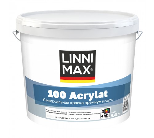 LINNIMAX 100 ACRYLAT / ЛИННИМАКС 100 АКРИЛАТ краска для фасадов и интерьеров акриловая износостойкая для внутренних и наружных работ база 3 (9,4л) LINNIMAX 100 ACRYLAT / ЛИННИМАКС 100 АКРИЛАТ краска для фасадов и интерьеров акриловая износостойкая для внутренних и наружных работ база 3 (9,4л)