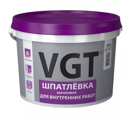 VGT шпатлевка для внутренних работ, акриловая для заделки неровностей до 7 мм (3,6кг) VGT шпатлевка для внутренних работ, акриловая для заделки неровностей до 7 мм (3,6кг)