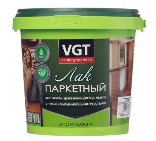 VGT / ВГТ лак паркетный, однокомпонентный, акриловый, для пола мебели, внутри помещ. глянцевый (0,9кг)