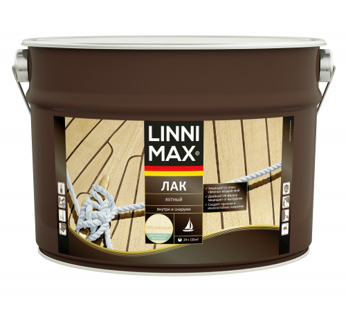 LINNIMAX / ЛИННИМАКС лак алкидно-полиуретановый яхтный для наружных и внутренних работ шелковисто-матовый бесцветный (9л) LINNIMAX / ЛИННИМАКС лак алкидно-полиуретановый яхтный для наружных и внутренних работ шелковисто-матовый бесцветный (9л)