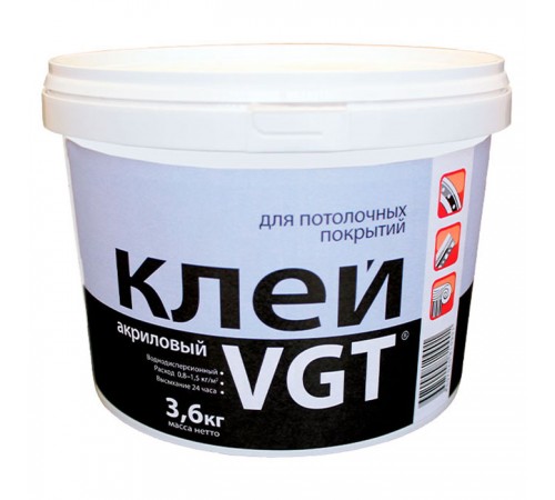 VGT / ВГТ клей акриловый для потолочных покрытий из пенополистирола и полиуретана (3,6кг) VGT / ВГТ клей акриловый для потолочных покрытий из пенополистирола и полиуретана (3,6кг)