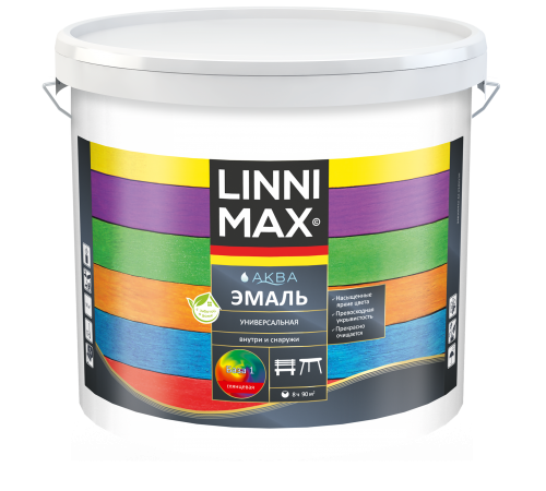 LINNIMAX / ЛИННИМАКС аква эмаль акриловая универсальная атмосферостойкая для наружных и внутренних работ глянцевая база 1 (9л) LINNIMAX / ЛИННИМАКС аква эмаль акриловая универсальная атмосферостойкая для наружных и внутренних работ глянцевая база 1 (9л)