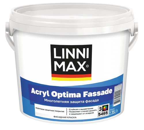 LINNIMAX ACRYL OPTIMA FASSADE / ЛИННИМАКС АКРИЛ ОПТИМА ФАСАД краска акриловая водно-дисперсионная для наружных работ база 3 (2,35л) LINNIMAX ACRYL OPTIMA FASSADE / ЛИННИМАКС АКРИЛ ОПТИМА ФАСАД краска акриловая водно-дисперсионная для наружных работ база 3 (2,35л)