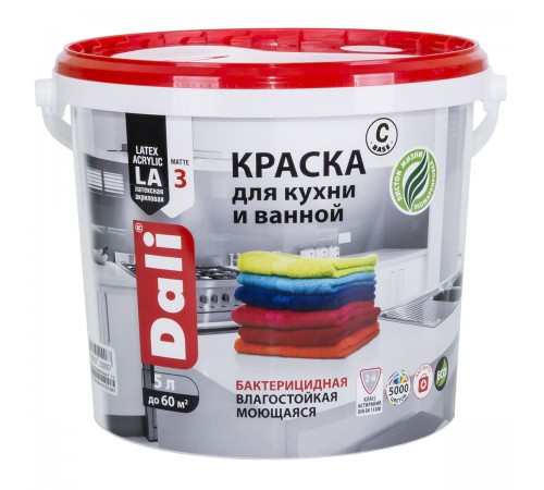 DALI / ДАЛИ краска для кухни и ванной акриловая моющаяся глубокоматовая база С 5 л DALI / ДАЛИ краска для кухни и ванной акриловая моющаяся глубокоматовая база С 5 л