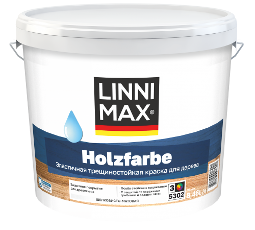 LINNIMAX HOLZFARBE / ЛИННИМАКС ХОЛЬЦФАРБЕ краска по дереву водно-дисперсионная для наружных и внутренних работ шелковисто-матовая база 3 (8,46л)