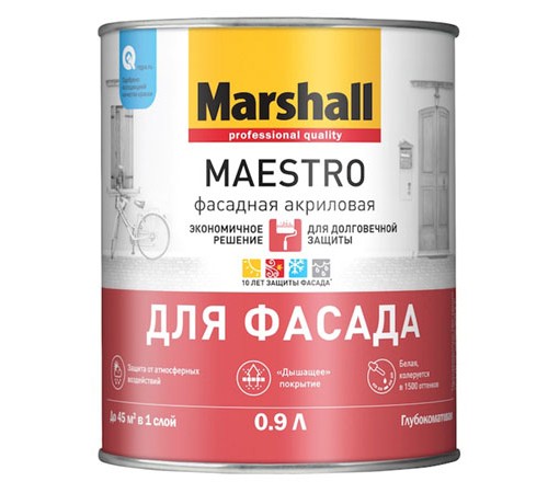MARSHALL MAESTRO / МАРШАЛЛ МАЭСТРО ФАСАДНАЯ краска для фасадных поверхностей, акриловая, матовая, база BW 0,9л
