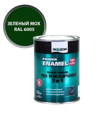 ЭКОДОМ грунт-эмаль по ржавчине 3 в 1, гладкая, полуматовая, зеленый RAL 6005 (0,9кг)