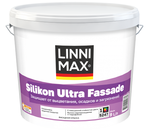 LINNIMAX SILIKON ULTRA FASSADE / ЛИННИМАКС СИЛИКОН УЛЬТРА ФАССАД краска фасадная водно-дисперсионная акриловая для минеральных поверхностей матовая база 1 (9л)