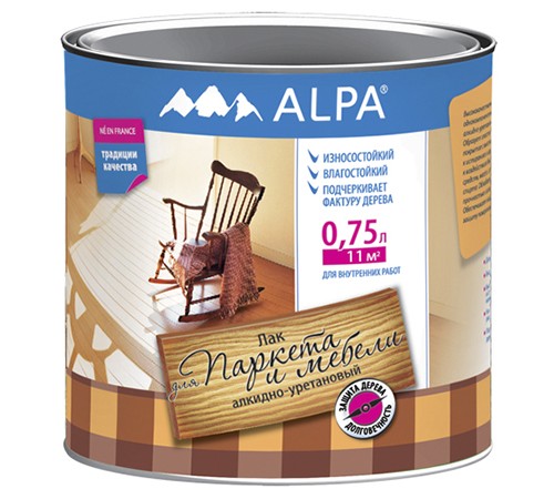 ALPA лак акрил-уретановый для стен, паркета и мебели, полуматовый (0,75л) ALPA лак акрил-уретановый для стен, паркета и мебели, полуматовый (0,75л)