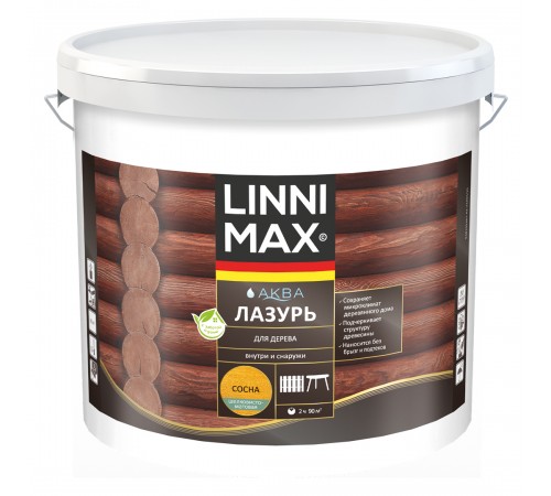 LINNIMAX / ЛИННИМАКС АКВА лазурь для дерева акриловая лессирующая шелковисто-матовая, сосна, 9л LINNIMAX / ЛИННИМАКС АКВА лазурь для дерева акриловая лессирующая шелковисто-матовая, сосна, 9л