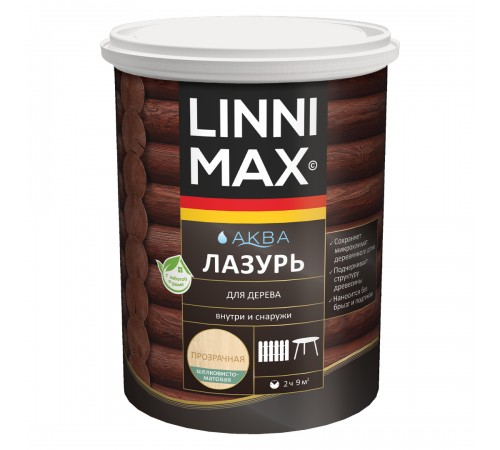 LINNIMAX / ЛИННИМАКС АКВА лазурь для дерева акриловая лессирующая шелковисто-матовая, бесцветный, 0,9л LINNIMAX / ЛИННИМАКС АКВА лазурь для дерева акриловая лессирующая шелковисто-матовая, бесцветный, 0,9л