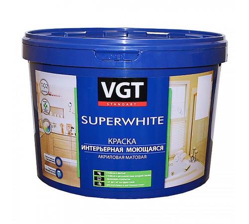 VGT SUPERWHITE / ВГТ СУПЕРВАЙТ ВД-АК-1180 краска интерьерная, моющаяся, акриловая, матовая, база С (2,5кг) VGT SUPERWHITE / ВГТ СУПЕРВАЙТ ВД-АК-1180 краска интерьерная, моющаяся, акриловая, матовая, база С (2,5кг)