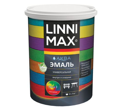 LINNIMAX / ЛИННИМАКС аква эмаль акриловая универсальная атмосферостойкая для наружных и внутренних работ глянцевая база 3 (0,85л)