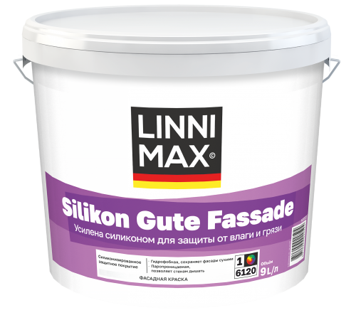 LINNIMAX SILIKON GUTE FASSADE / ЛИННИМАКС СИЛИКОН ГУТЕ ФАССАДЕ краска акриловая водно-дисперсионная силикон-модифицированная для наружных работ база 1 (9л) LINNIMAX SILIKON GUTE FASSADE / ЛИННИМАКС СИЛИКОН ГУТЕ ФАССАДЕ краска акриловая водно-дисперсионная силикон-модифицированная для наружных работ база 1 (9л)