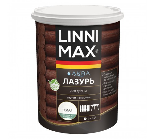 LINNIMAX / ЛИННИМАКС АКВА лазурь для дерева акриловая лессирующая шелковисто-матовая, белый, 0,9л LINNIMAX / ЛИННИМАКС АКВА лазурь для дерева акриловая лессирующая шелковисто-матовая, белый, 0,9л