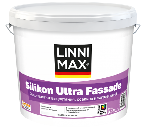 LINNIMAX SILIKON ULTRA FASSADE / ЛИННИМАКС СИЛИКОН УЛЬТРА ФАССАД краска фасадная водно-дисперсионная акриловая для минеральных поверхностей матовая база 3 (8,46л)
